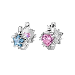 Asymmetric silver earrings featuring blue star and pink heart zircon stones on white background