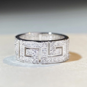 S925 sterling silver ring with geometric greek key pattern and sparkling zircons