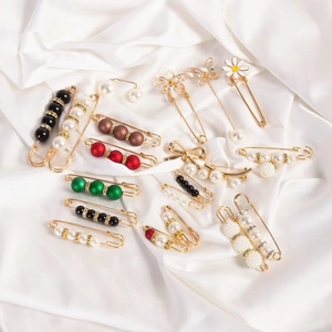 Decorative Safety Pin Brooch Alloy Faux Artificial Pearl Rhinestone Pants Waist Tightener Anti-Exposure For Women Clothing Elegant