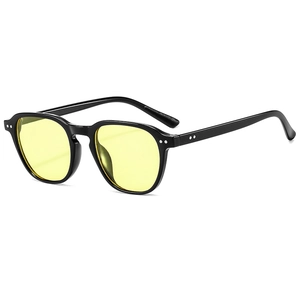 Retro black square sunglasses with yellow lenses and silver rivet detailing