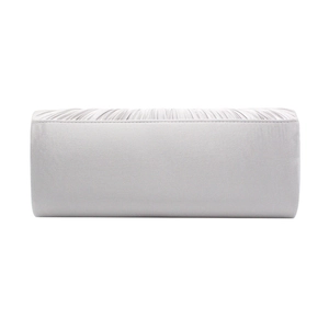 Detail of silver satin evening clutch bag featuring elegant pleated texture and finish