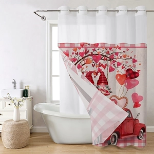 Detail of waterproof waffle shower curtain with Valentines Day truck and gnome prints