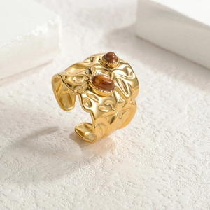 Gold stainless steel irregular ring with amber stones and hammered texture design