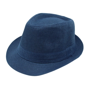 Classic navy blue woven fedora trilby hat with narrow brim for beach and travel
