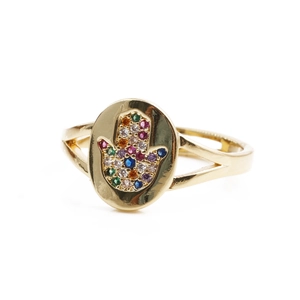 Gold plated open Hamsa Hand ring for women featuring multi-colored zircon stones