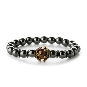 Men's retro beaded bracelet featuring hematite beads and a crowned tiger eye stone