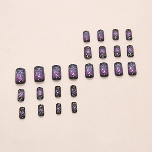 Deep purple galaxy press-on nails with white constellation patterns and 24-piece set