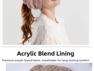 Detail showing the thick cable knit texture and ponytail hole on the warm winter hat