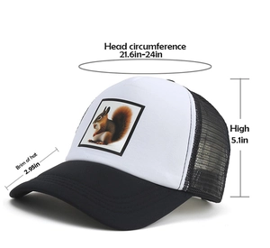Black and white trucker hat with squirrel print showing 5.1-inch height and brim size
