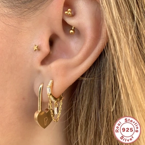 S925 sterling silver gold fringe chain earrings set with square zircon pendants