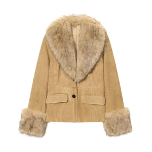 Women Fashion Faux Fur Collar Suede Jacket Elegant Solid Color Long Sleeve Lapel Outerwear Warm Winter Top Pocket Design