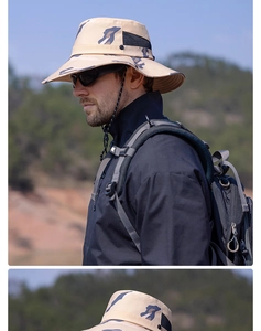 Detail of outdoor sun hat featuring breathable black mesh and adjustable chin strap