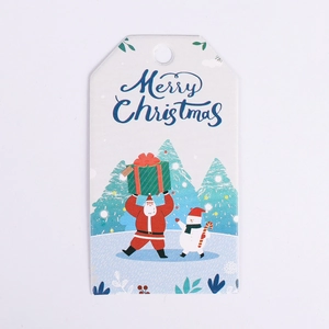 Merry Christmas paper tags with reindeer, Santa Claus, and snowman illustrations
