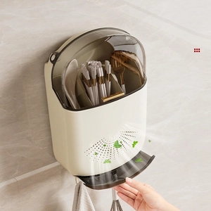 Wall-mounted kitchen utensil holder with dustproof cover and drain tray in cream white