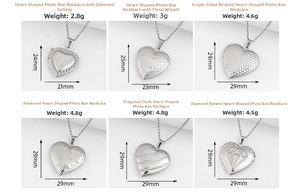 Size specifications and weight details for diverse heart-shaped locket pendant necklaces