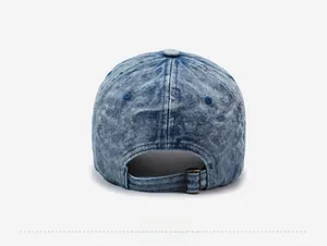 Back view of washed denim baseball cap featuring metal adjustment buckle and embroidery