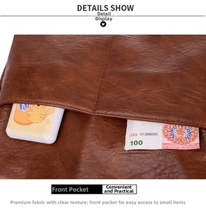 Close-up of brown litchi pattern PU leather bag showing practical front pocket detail