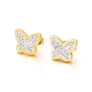 Elegant gold butterfly stud earrings inlaid with white sparkling crystals on white background