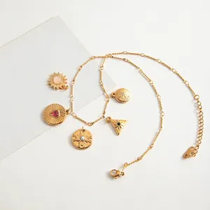18K gold plated stainless steel hammer chain necklace set with five gemstone charms