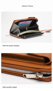 Brown PU leather phone bag with internal slots and high-quality metal zipper details