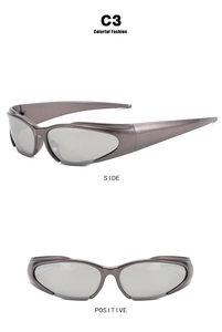 Front and side view of Y2K silver metallic wrap-around mirror lens sports sunglasses