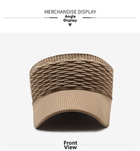 Detail of camel knit sun visor with breathable honeycomb texture and ribbed edge