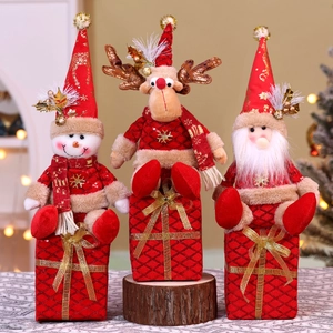 Christmas Plush Doll Ornaments Santa Claus Snowman Reindeer Knitted Fabric Sequin Gift Box Base Desktop Table Decor Red