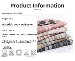 Detail showing 65x200cm thick plaid scarves in multiple colors and material specifications