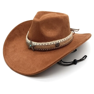 Brown faux suede cowboy hat with turquoise star badge and adjustable chin strap
