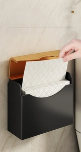 Detail of wall-mounted paper towel holder in matte black and luxury gold finish