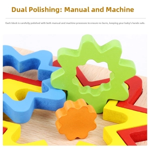 Macro detail of rounded edges and polished texture on colorful wooden gear puzzle toys
