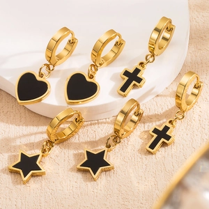 Huggie Hoop Earrings Stainless Steel Black Enamel Heart Star Cross Dangle For Women Gothic Punk Jewelry