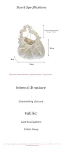 Lace drawstring bag dimensions 30x21x4cm with 110cm adjustable strap and floral texture