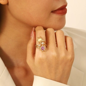 Damen Mode Kupfer Sonne Blume Offener Ring Mit Strass Lila Katzenauge Stil Sunburst Verstellbarer Gold Fingerring Schmuck