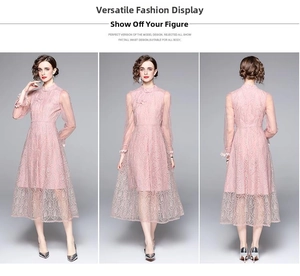 Vues détaillées d'une robe qipao en dentelle rose avec col montant et coupe cintrée