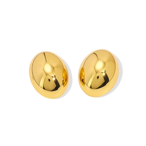 Polished gold stainless steel hollow oval hoop earrings for women on a white background