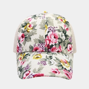 Ethnic style floral mesh baseball cap with vintage rose patterns and breathable mesh back