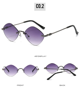 Three views of rimless diamond-cut sunglasses with purple gradient lenses and metal arms