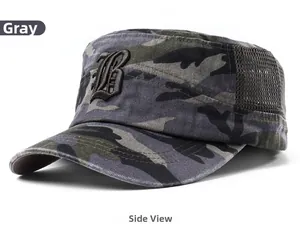 Detail of grey camouflage cadet cap featuring breathable mesh and 3D letter B embroidery