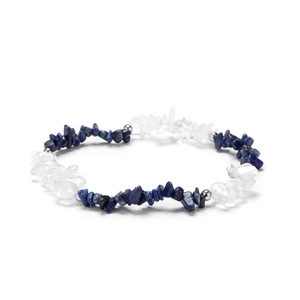 Macro view of blue and transparent natural crystal stone beads with silver accents