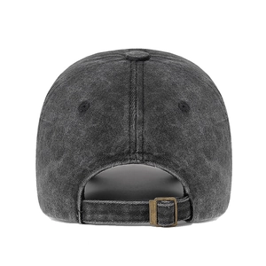 Rear view of vintage washed dark grey cotton baseball cap with adjustable metal buckle