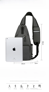 Water-resistant grey crossbody bag detail showing 19x38x9cm size and 0.27kg weight