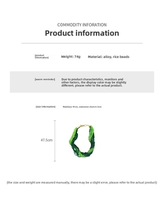 Size chart for green multi-layer beaded necklace featuring alloy materials and 41cm length