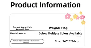 Detail card showing cotton floral makeup bag dimensions 24x16x16cm and 115g weight