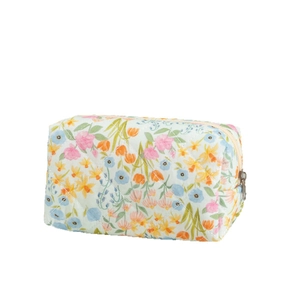 Quilted floral cotton cosmetic bag with large capacity and elegant gold zipper closure