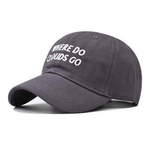 Detailed close-up of white embroidered WHERE DO CLOUDS GO text on dark gray cotton cap