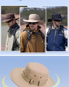 Detail of outdoor sun hats showing breathable side vents and adjustable windproof chin straps