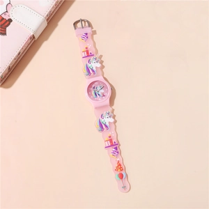 Pink unicorn kids watch with 3D embossed silicone strap and round quartz analog dial