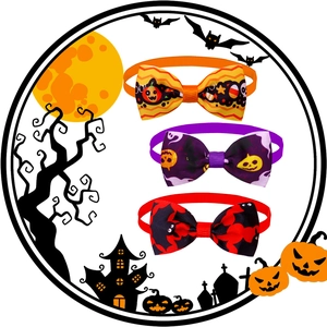 Three-piece Halloween pet bow tie set featuring pumpkin ghost and bat patterns on elastic bands