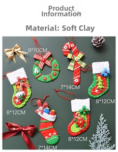 Macro view of Christmas clay ornaments featuring stockings and candy cane with festive details